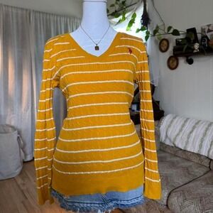 US Polo Assn Mustard Yellow White Striped Cable Knit V-Neck Sweater Large